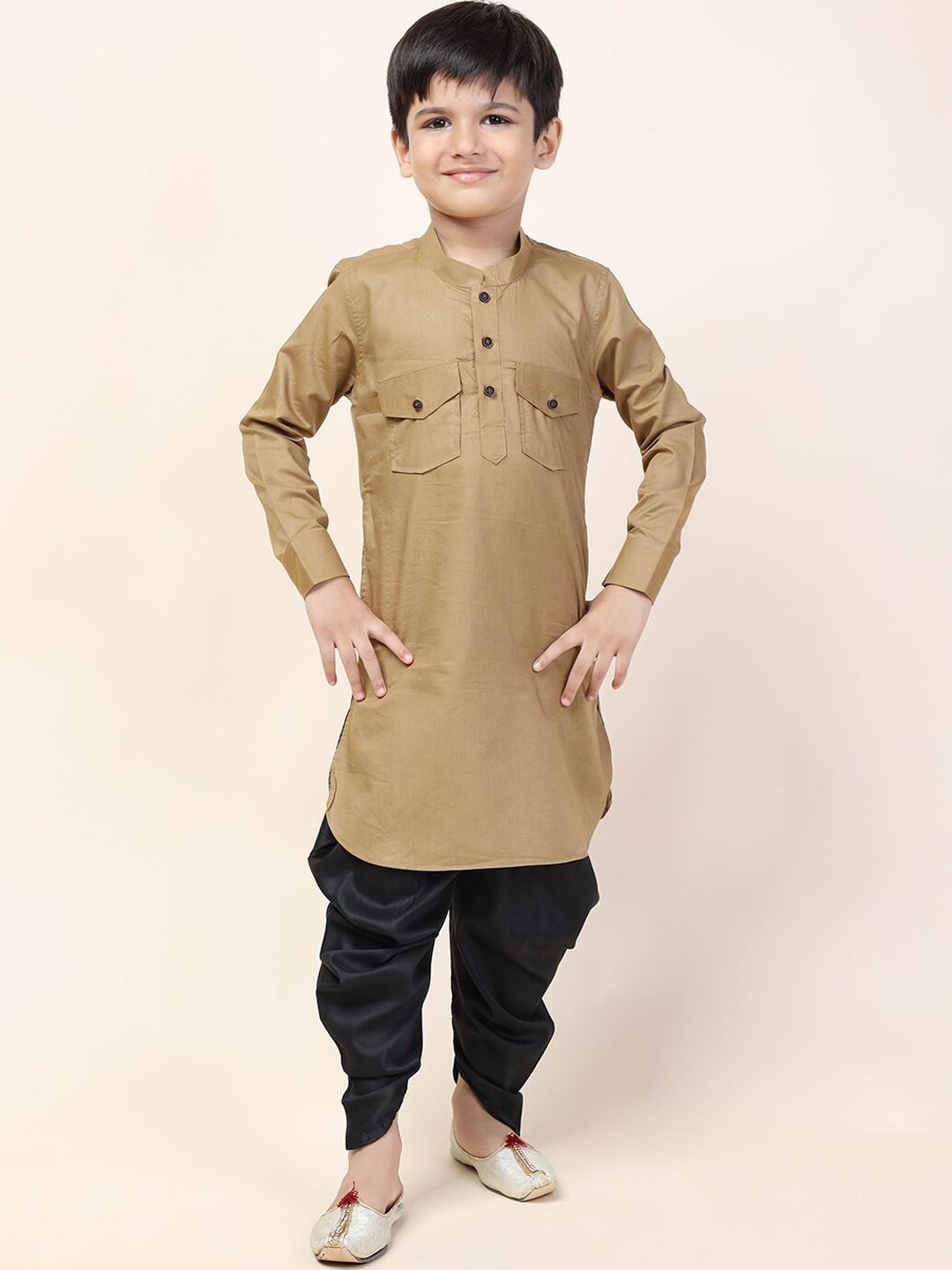 

NAMASKAR Boys Khaki Pure Cotton Kurta with Patiala Set