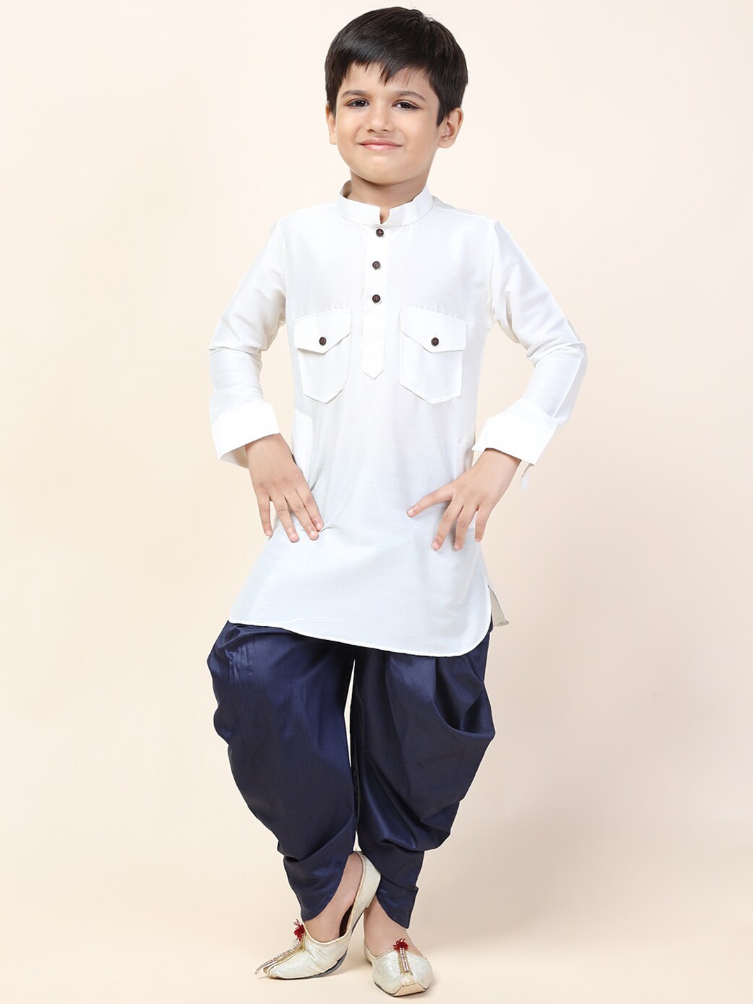 

NAMASKAR Boys White Pure Silk Kurta with Patiala Set