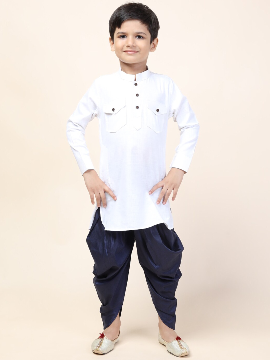 

NAMASKAR Boys White Pure Cotton Kurta with Patiala Set