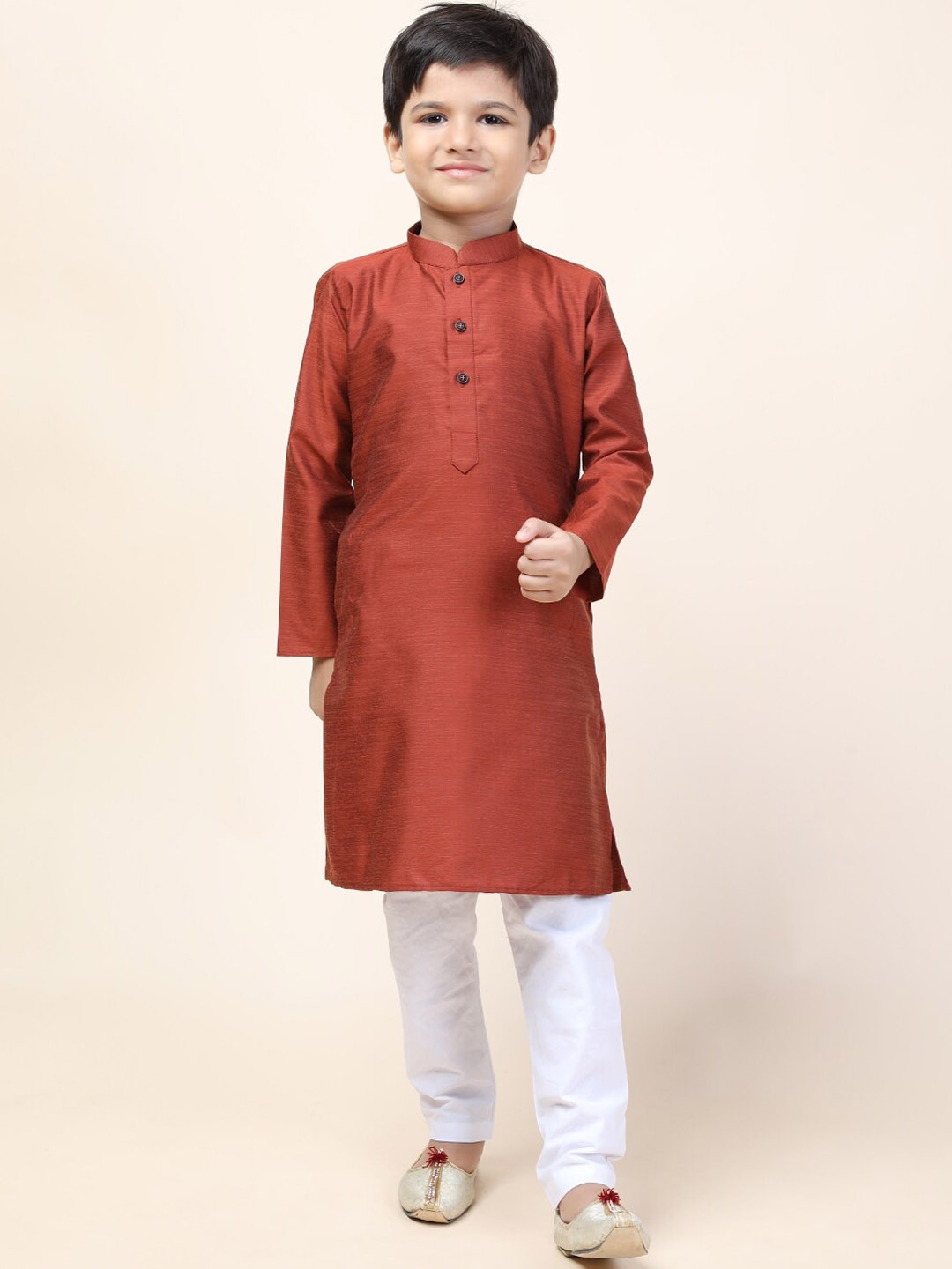 

NAMASKAR Boys Rust Pure Cotton Kurta with Churidar