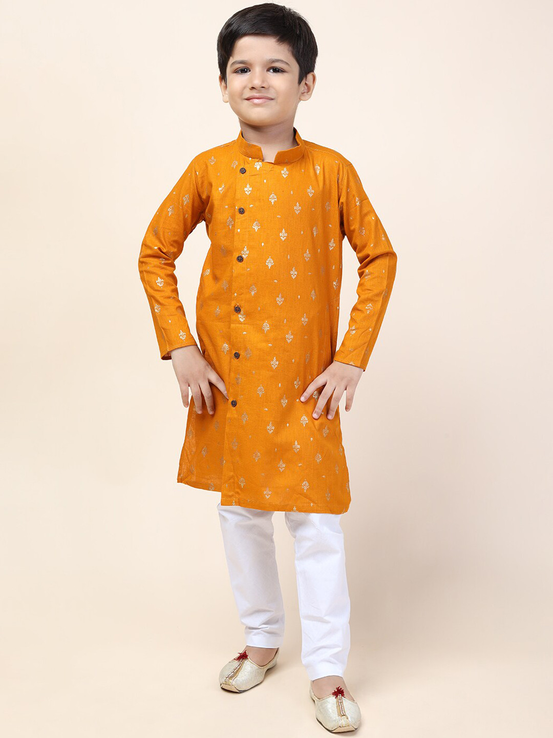 

NAMASKAR Boys Orange Ethnic Motifs Printed Pure Cotton Kurta with Churidar