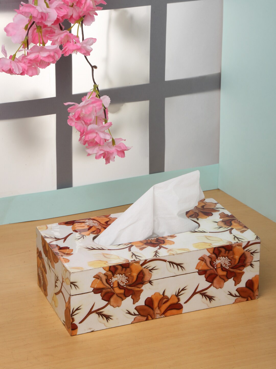 

ROMEE White & Brown Floral Printed Tissue Box Holder