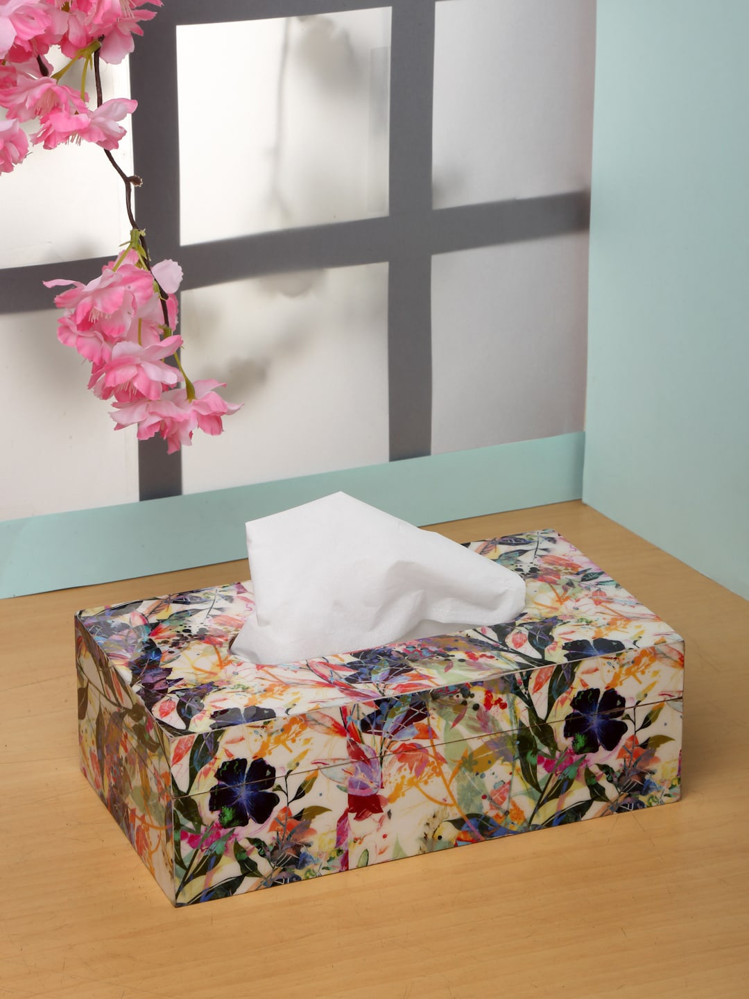 

ROMEE White & Blue Floral Printed Wooden Tissue Box Holder