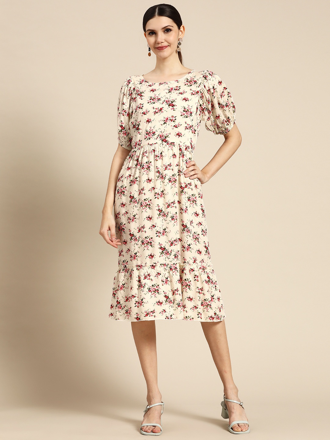 

Anouk Off White & Pink Floral Print A-Line Midi Dress