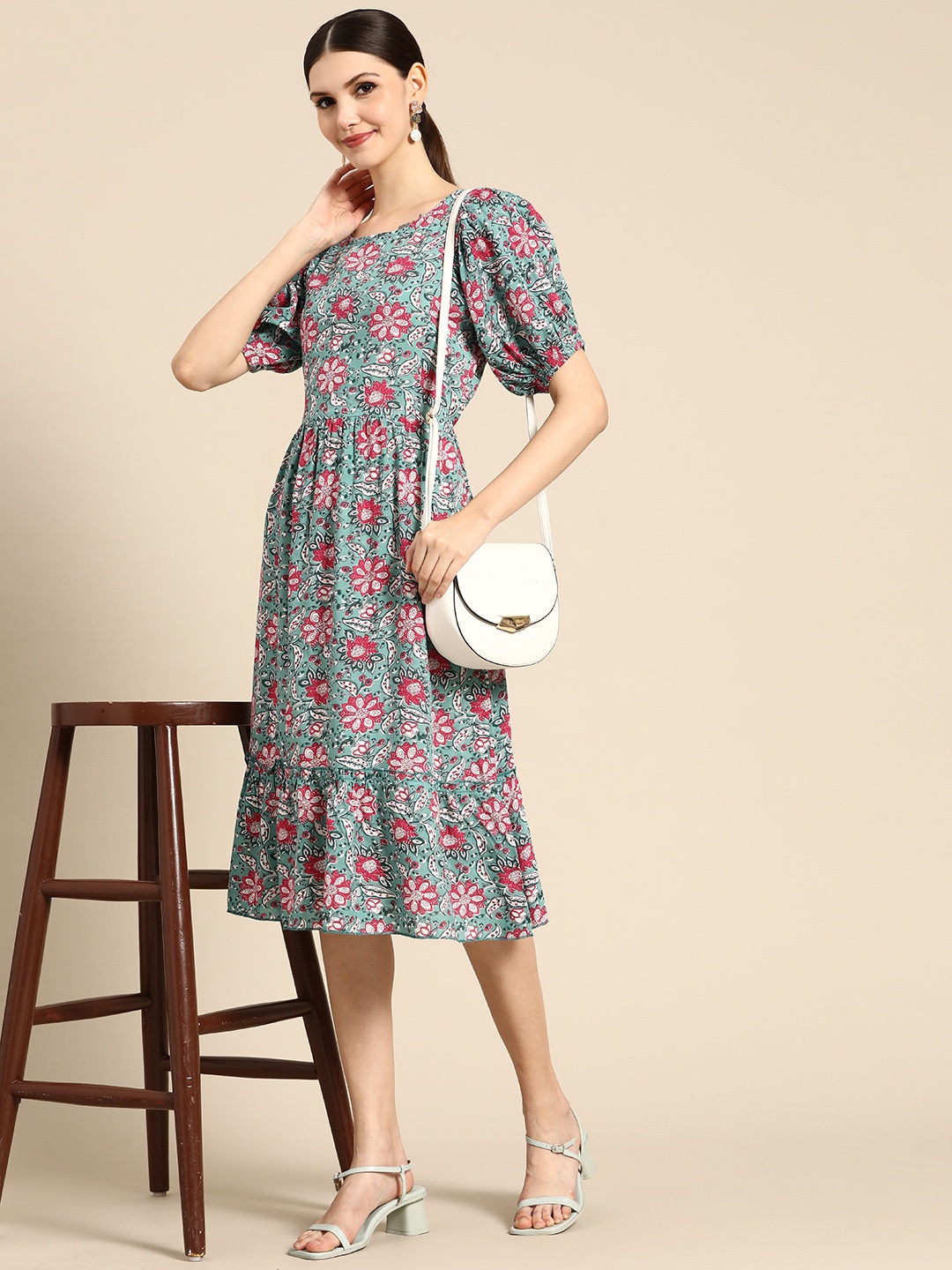 

Anouk Green & Pink Floral Print A-Line Midi Dress