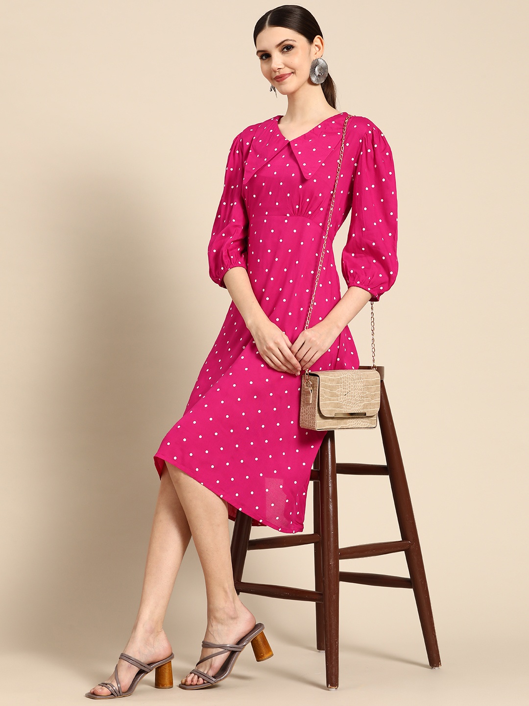

Anouk Pink & White Polka Dots Print A-Line Dress