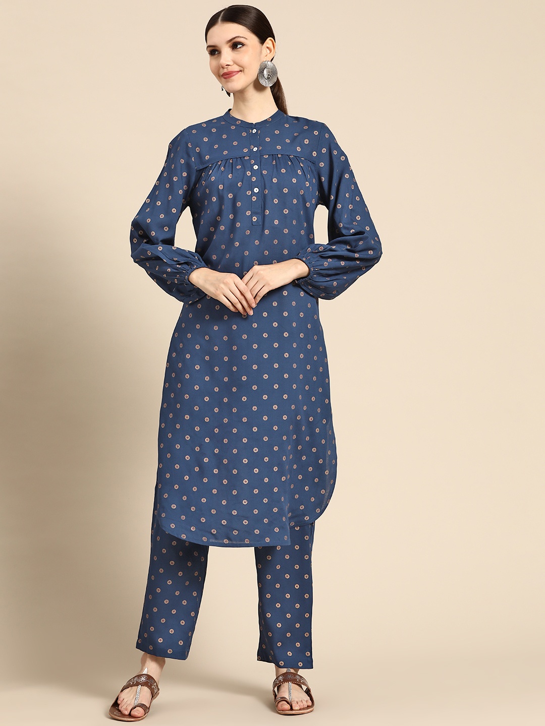 

Anouk Women Navy Blue & Golden Ethnic Motifs Printed Kurta with Trousers