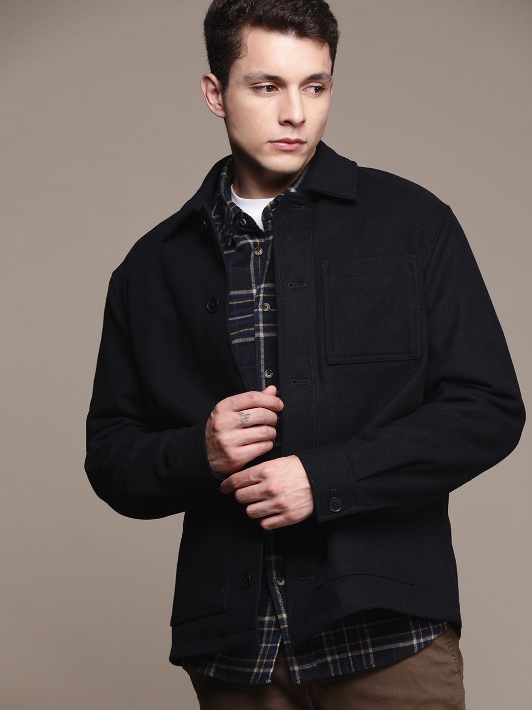 

MANGO MAN Pocket Detailed Wool-Blend Sustainable Overcoat, Black