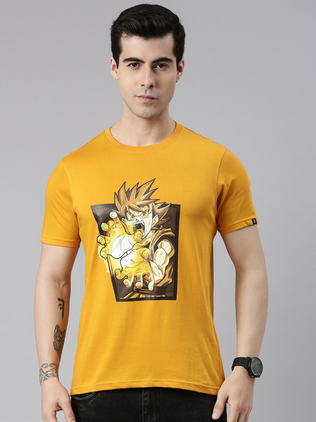

Bushirt Men Mustard Yellow Printed Raw Edge T-shirt