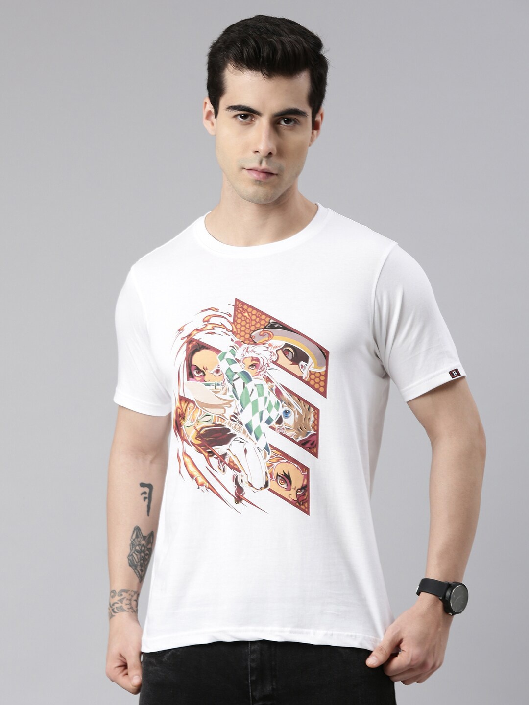 

Bushirt Men White Printed Extended Sleeves Raw Edge T-shirt