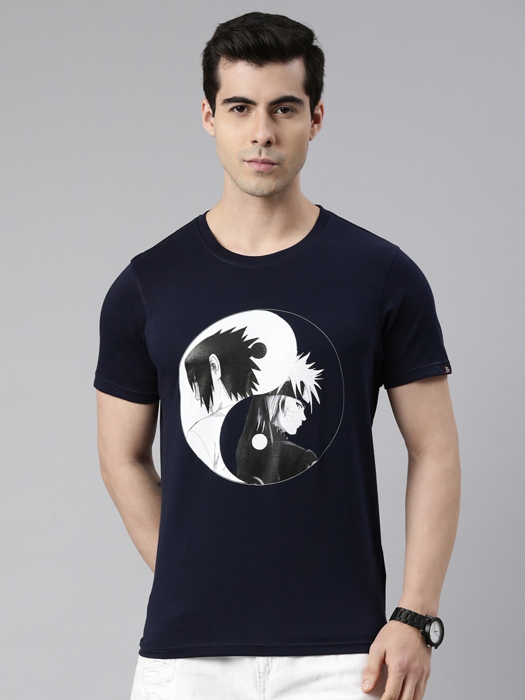

Bushirt Men Navy Blue Typography Printed Applique T-shirt