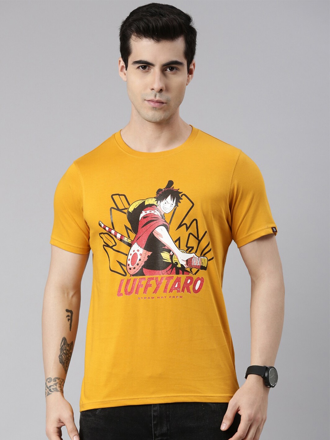 

Bushirt Men Mustard Yellow Typography Printed Applique T-shirt