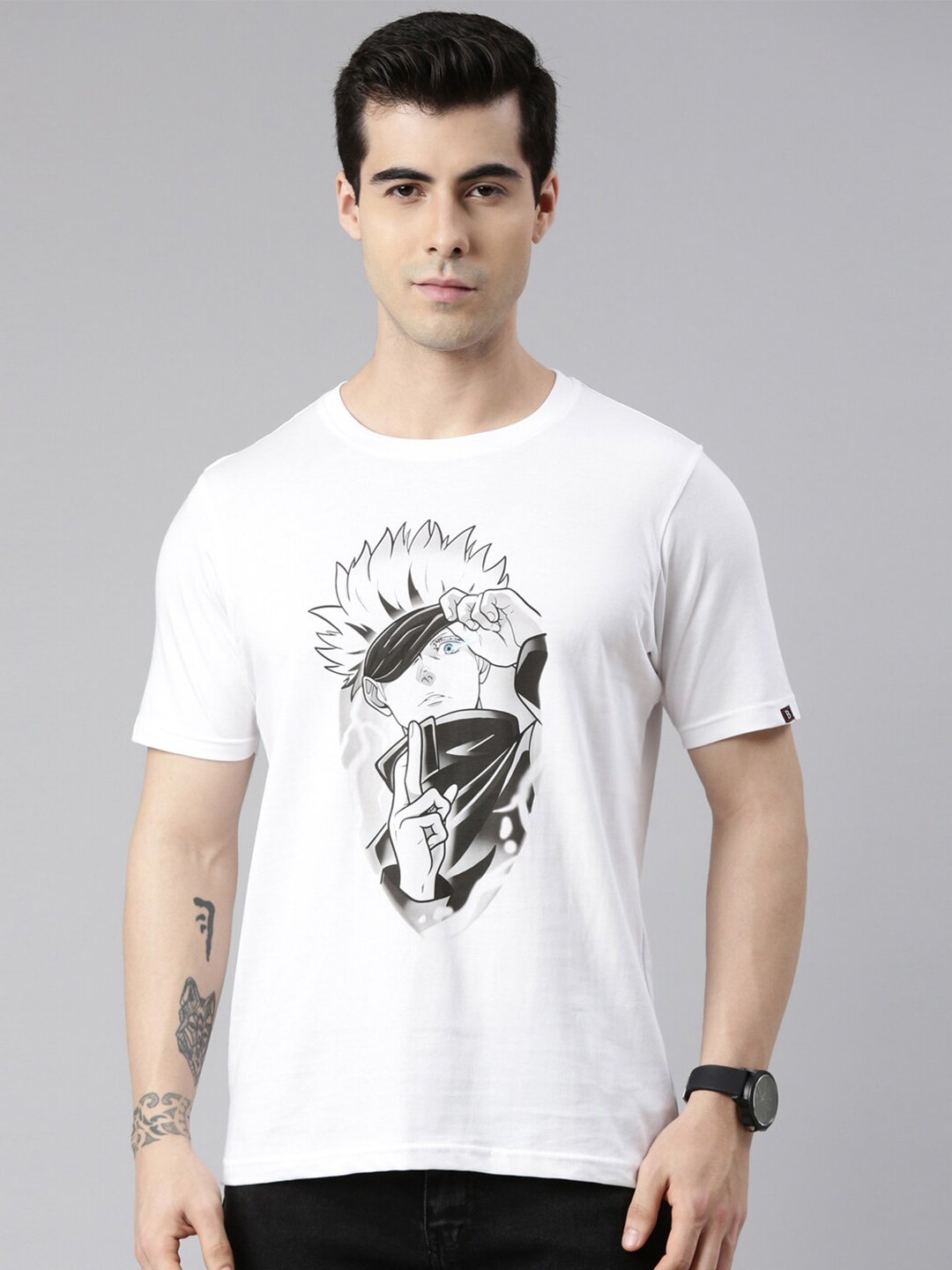 

Bushirt Men White Printed Raw Edge T-shirt