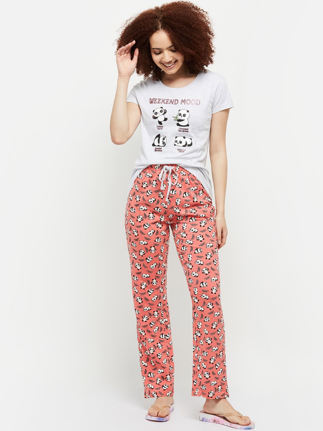

max Women Printed Half Sleeves T-shirt With Elasticated Pyjamas, Grey melange