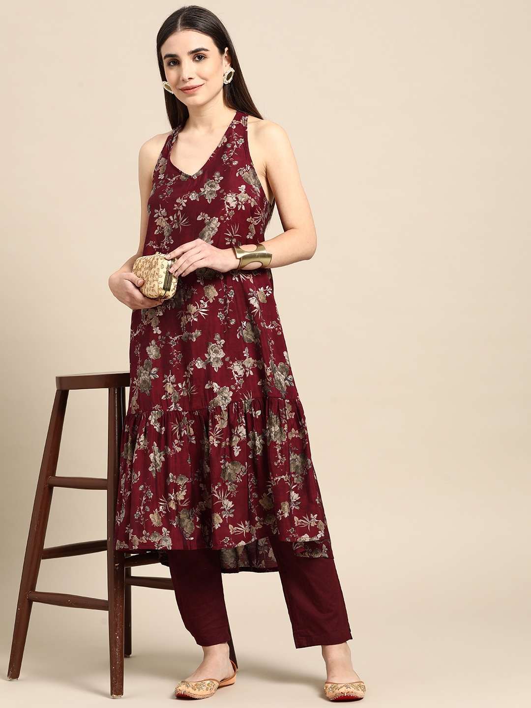 

Anouk Women Maroon & Grey Ethnic Motifs Printed Kurta with Trousers