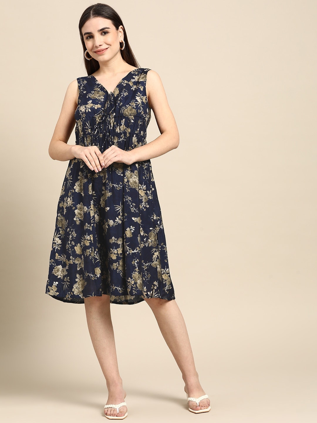 

Anouk Women Navy Blue & Green Floral A-Line Dress