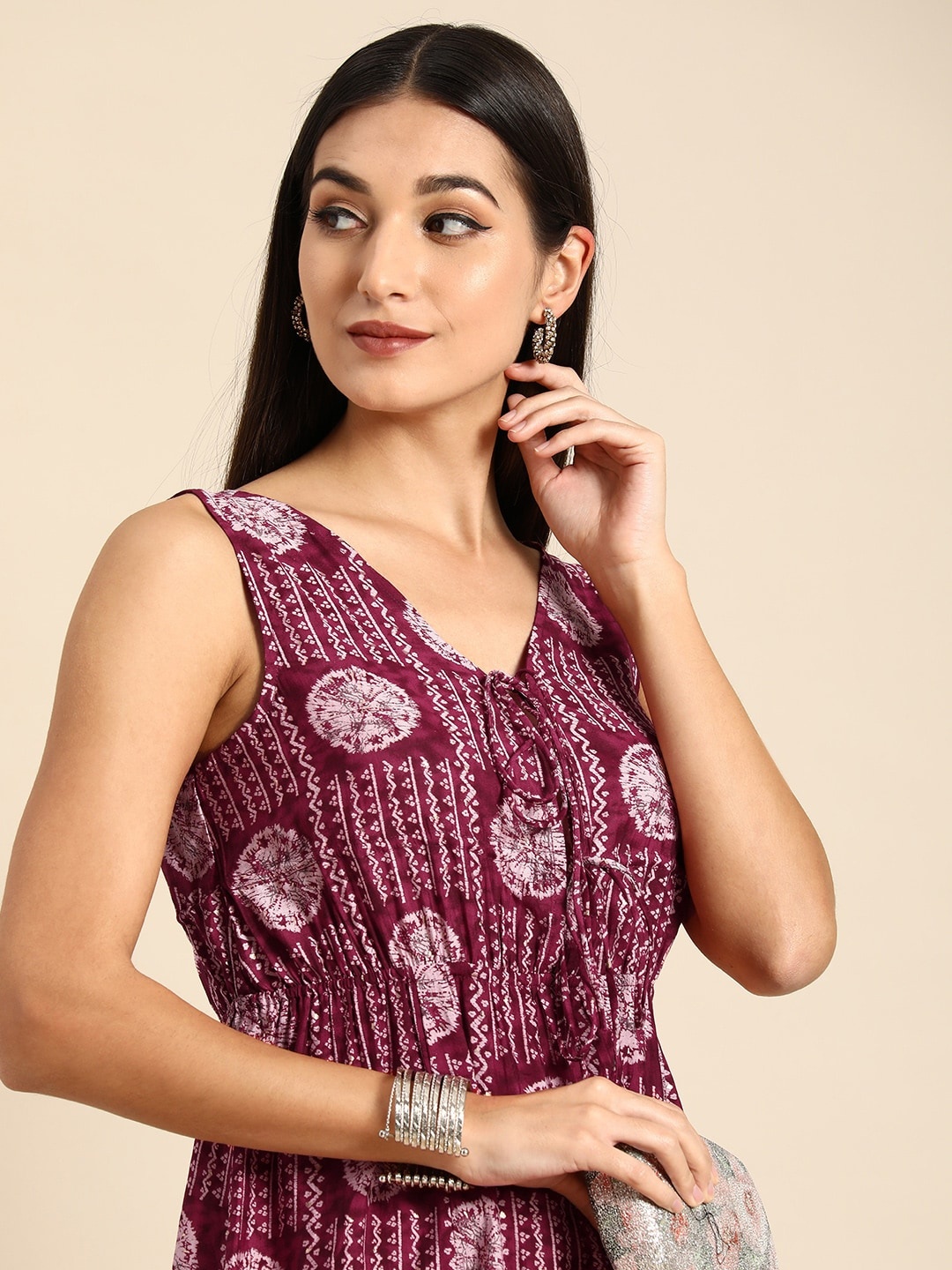 

Anouk Women Maroon & Peach-Coloured Printed Fit And Flare Dress With Tie-ups Detail