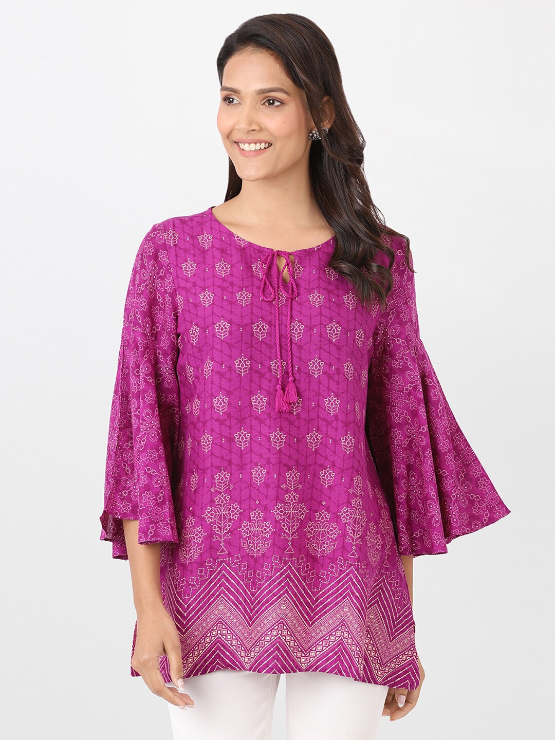

itse Pink Print Tie-Up Neck Top