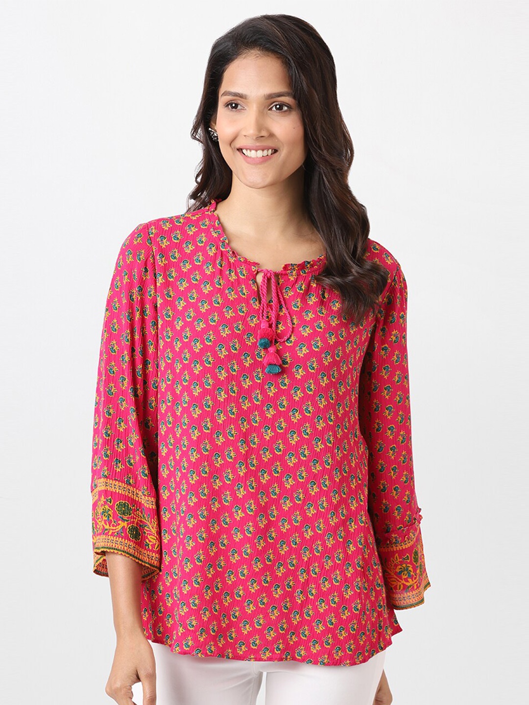 

itse Pink Print Tie-Up Neck Top