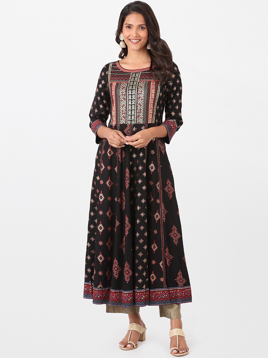 

itse Women Black Ethnic Motifs Printed Flared Sleeves Anarkali Kurta