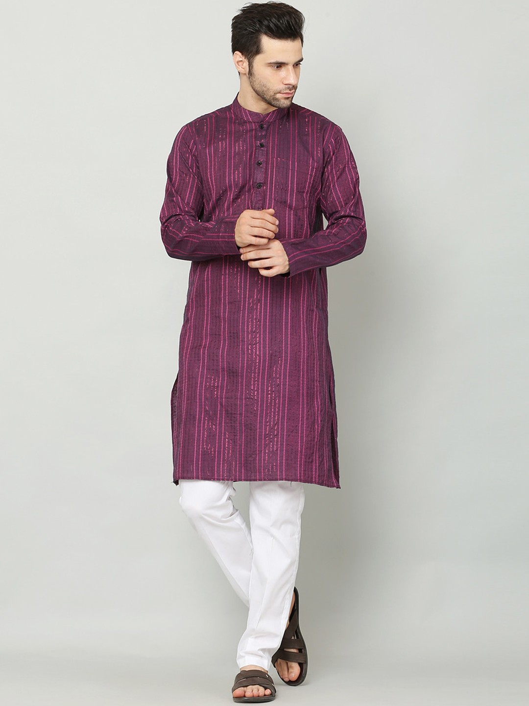 

Waahiba Men Purple Vertical Striped Long Kurta