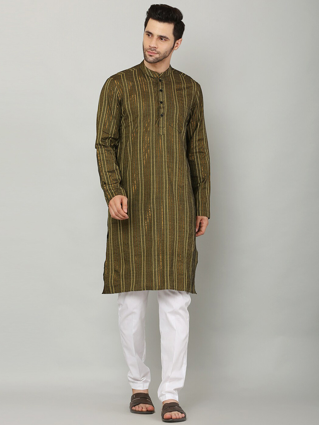 

Waahiba Men Olive Green Vertical Striped Long Kurta