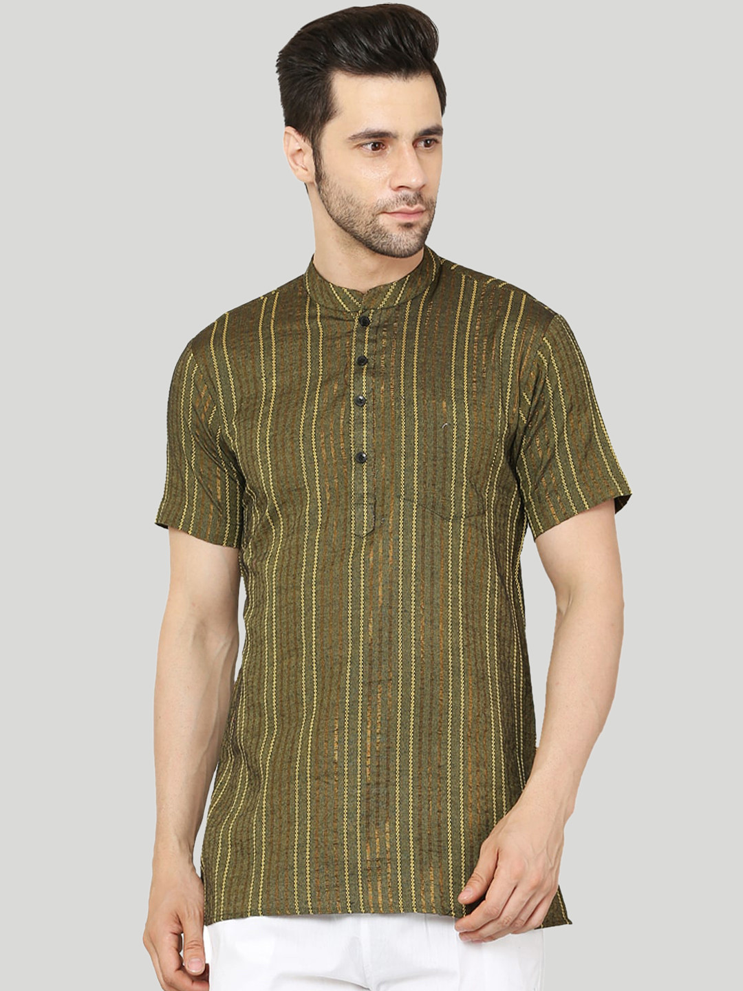 

Waahiba Men Olive Green Vertical Striped Short Kurta