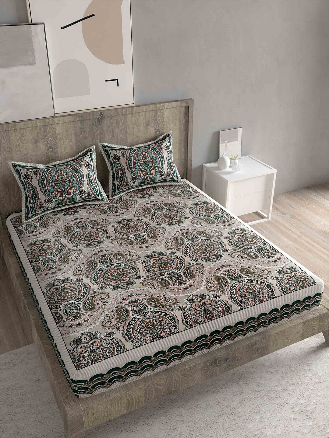 

Spangle Navy Blue & Grey Ethnic Motifs Cotton 260 TC King Bedsheet with 2 Pillow Covers