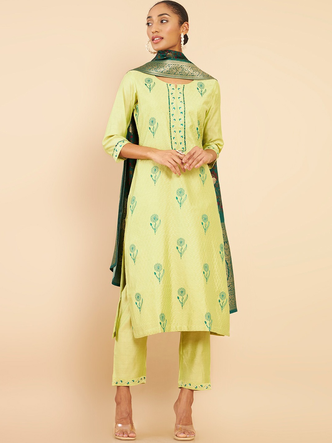 

Soch Women Green Floral Printed Thread Work Kurta with Trousers & With Dupatta