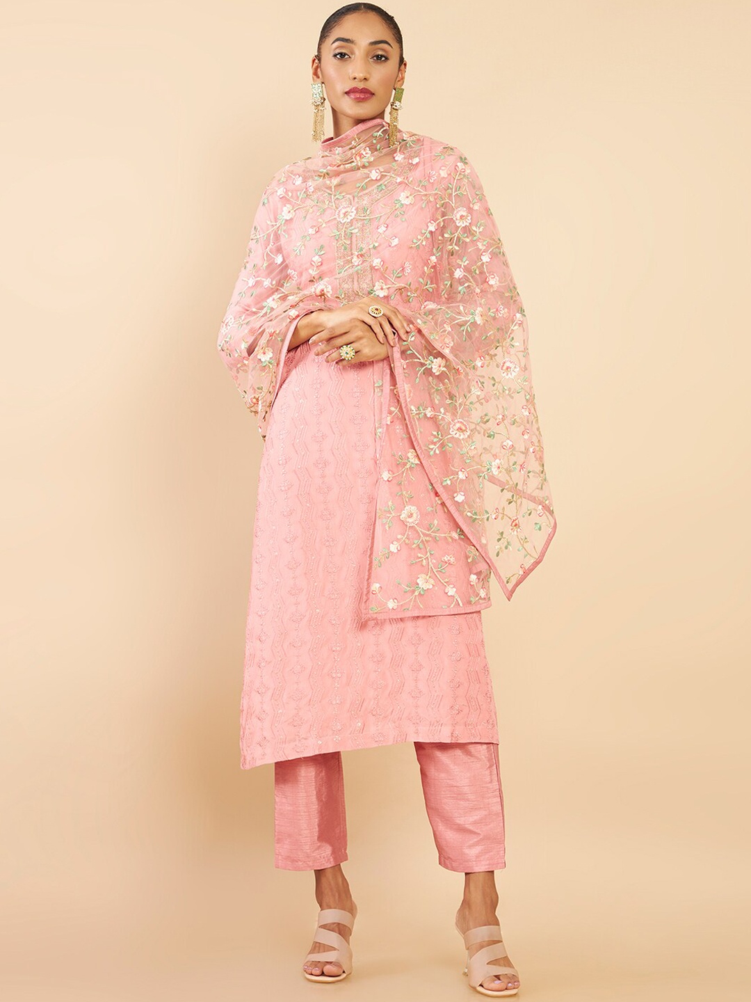 

Soch Women Peach-Coloured Embroidered Thread Work Kurta with Trousers & With Dupatta