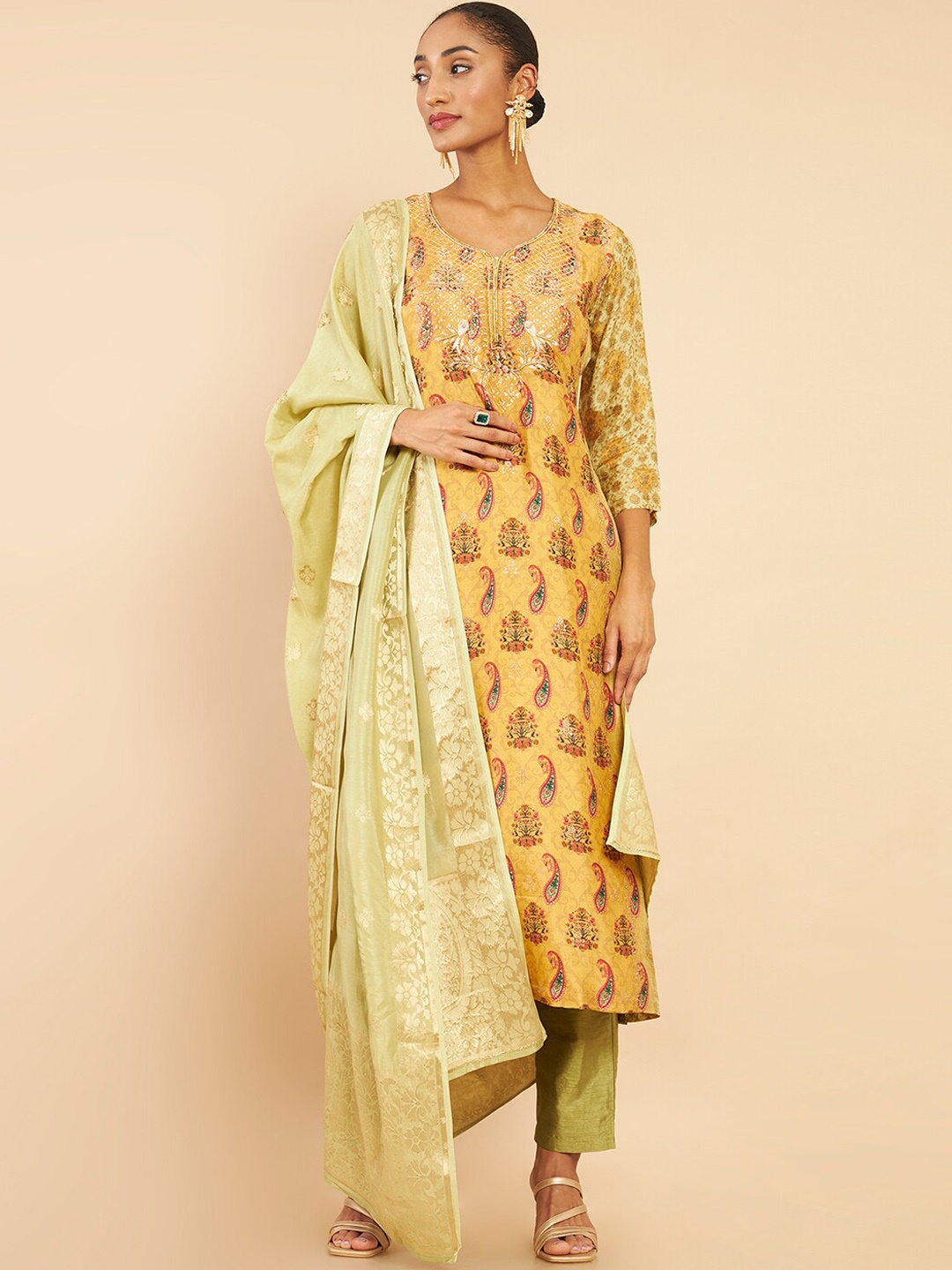 

Soch Women Green Floral Printed Sequinned Kurta with Trousers & With Dupatta