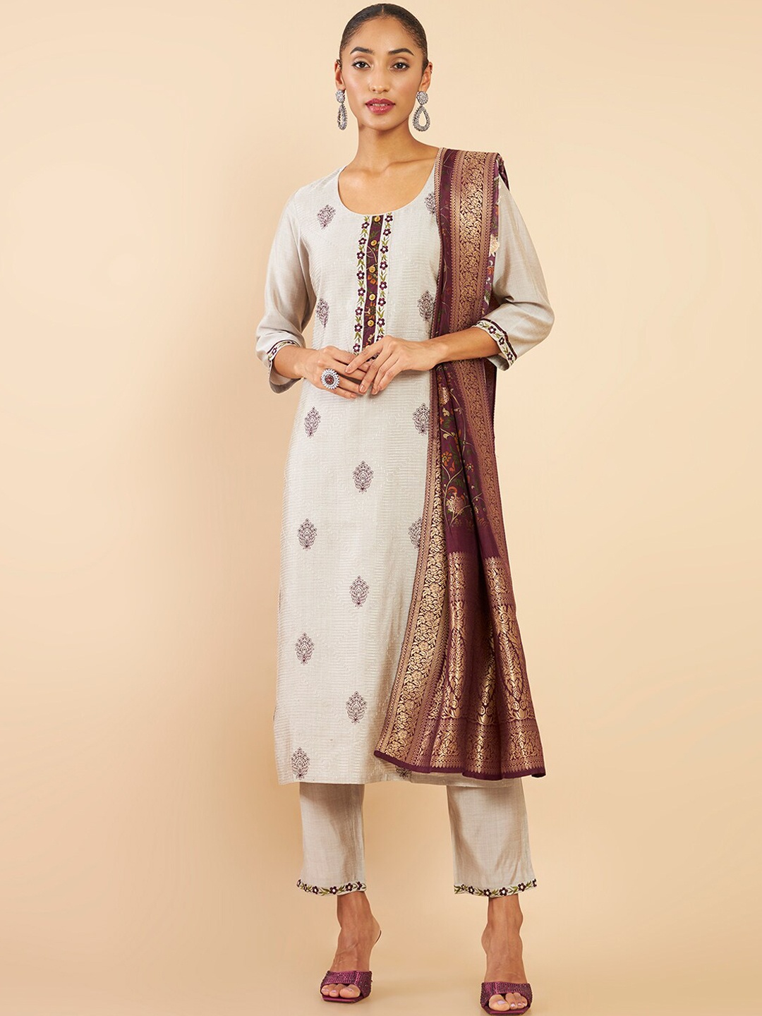 

Soch Women Grey Floral Printed Thread Work Kurta with Trousers & With Dupatta