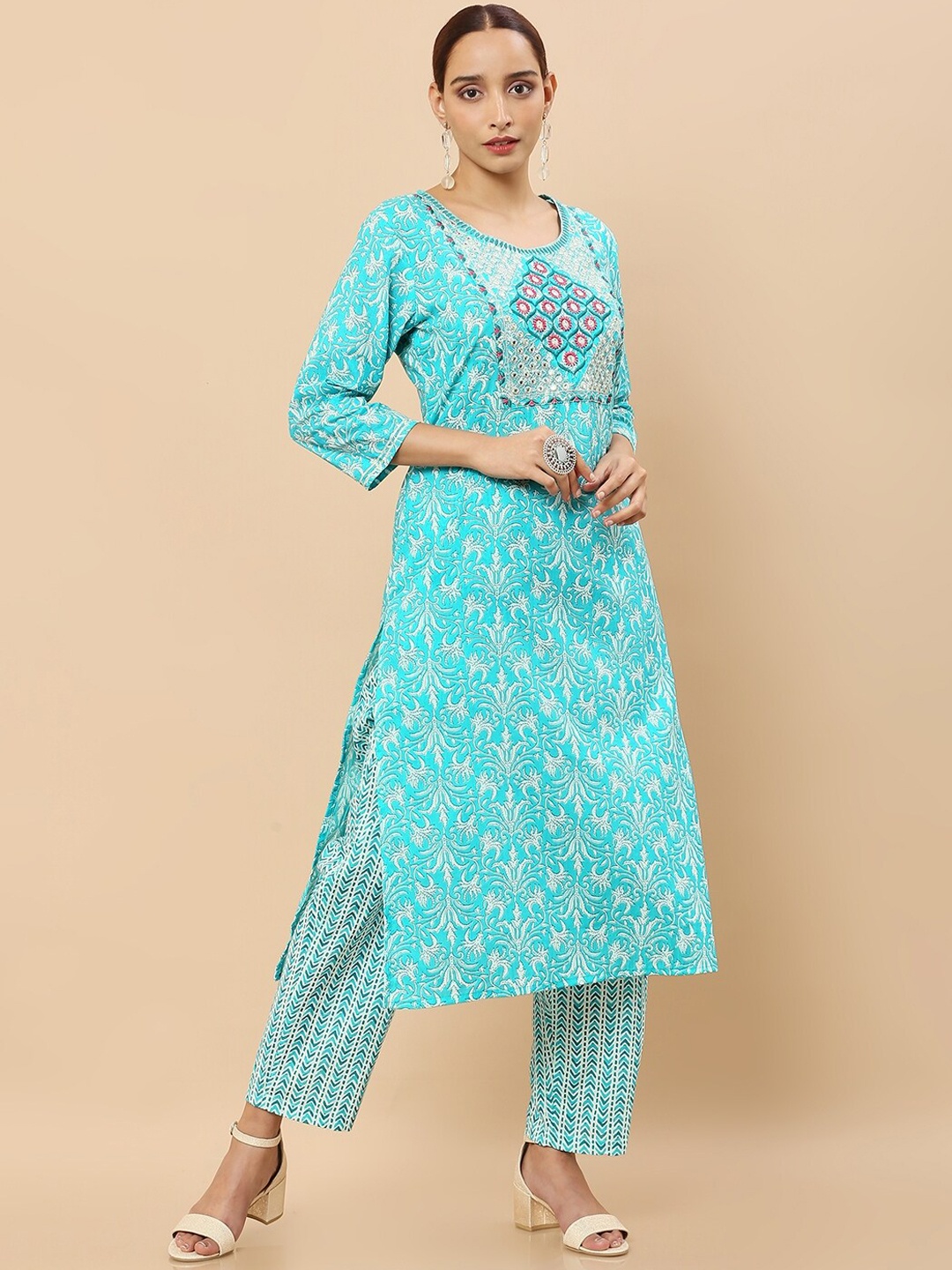 

Soch Women Turquoise Blue Floral Printed Mirror Work Pure Cotton Kurta with Trousers & With Dupatta