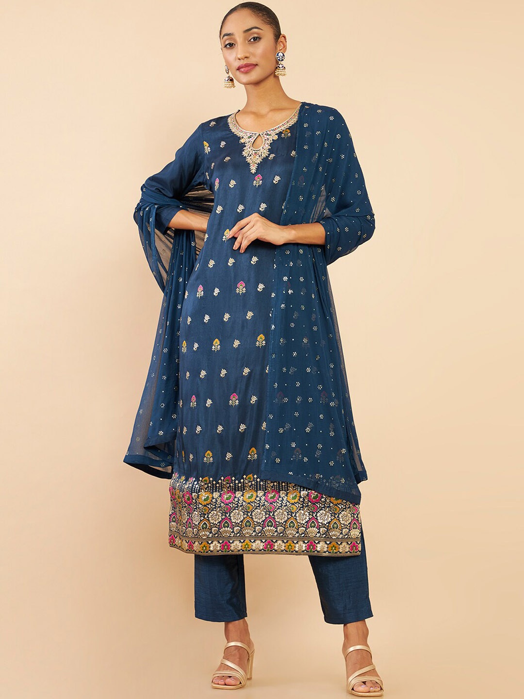 

Soch Women Blue Floral Embroidered Thread Work Kurta with Trousers & With Dupatta