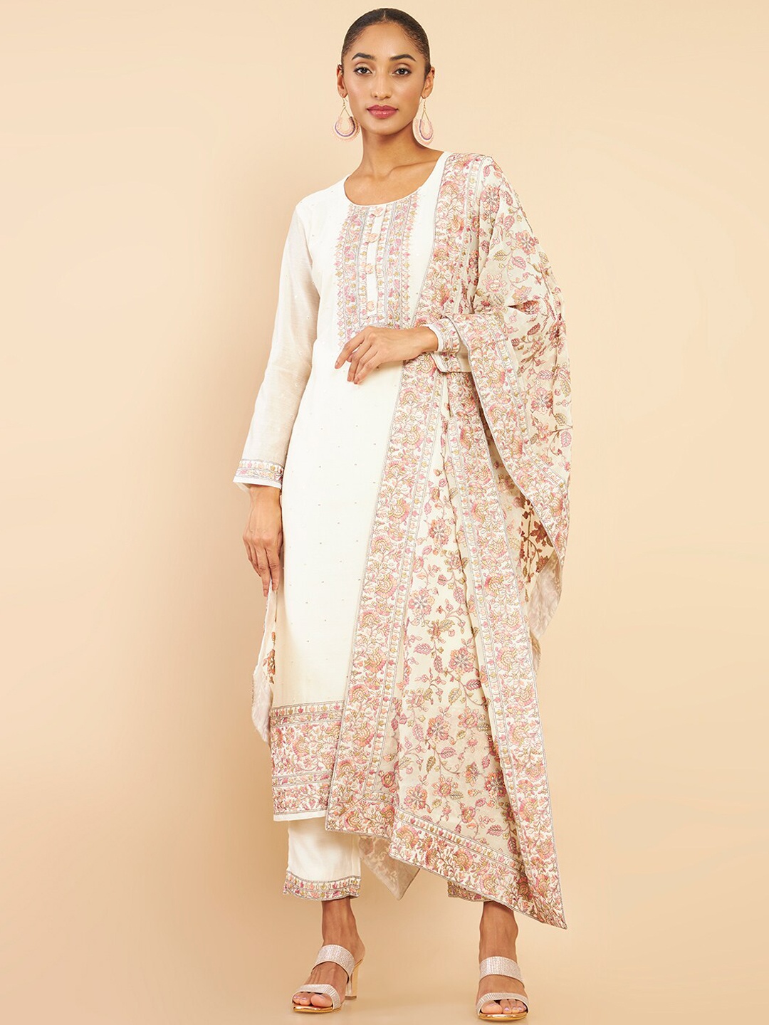 

Soch Women Off White Floral Embroidered Kurta with Trousers & With Dupatta