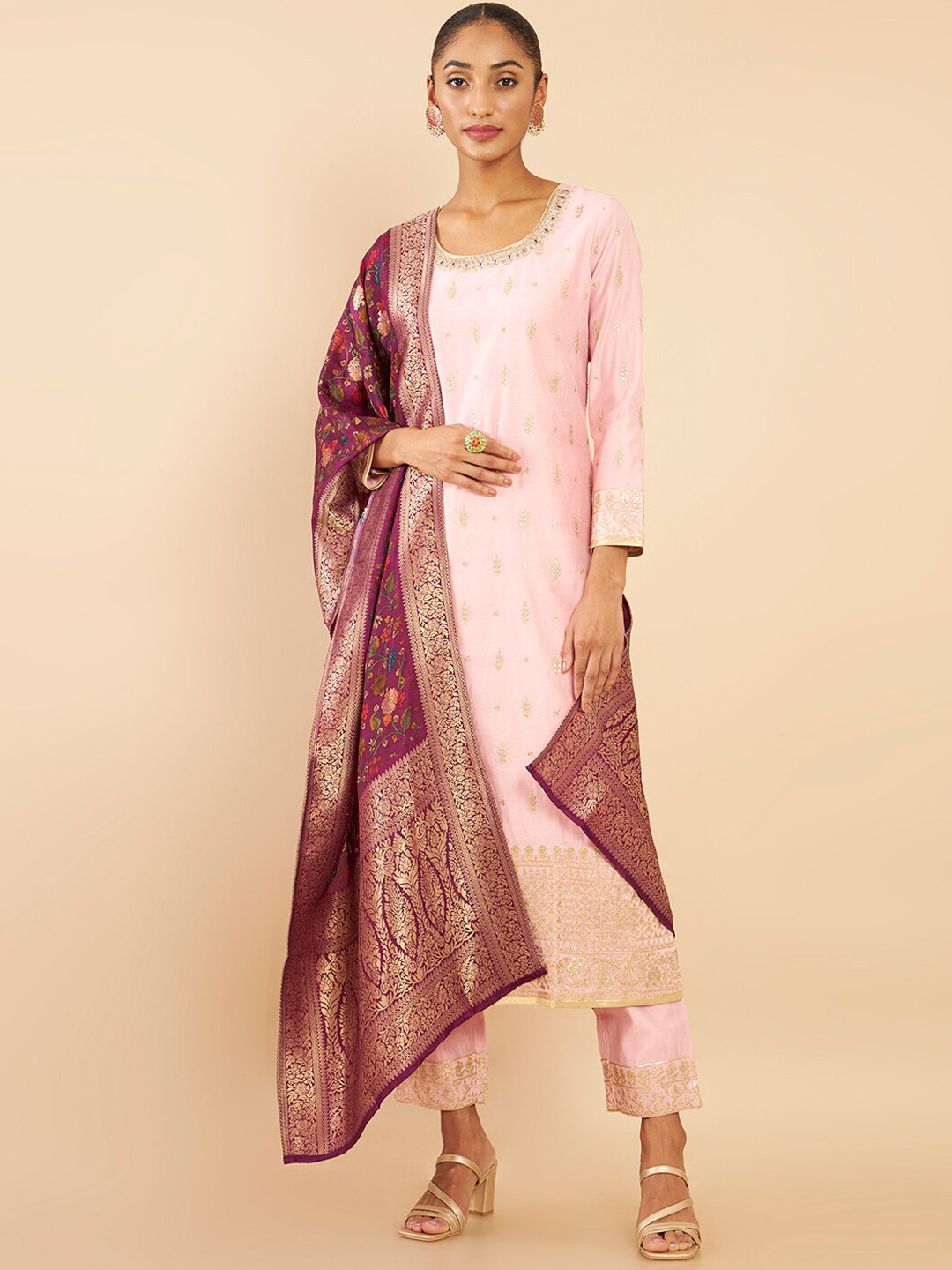 

Soch Women Pink Floral Printed Kurta with Trousers & With Dupatta