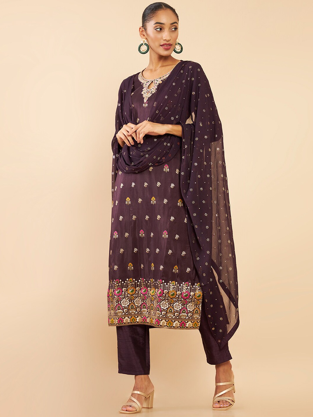 

Soch Women Maroon Floral Embroidered Thread Work Kurta with Trousers & With Dupatta