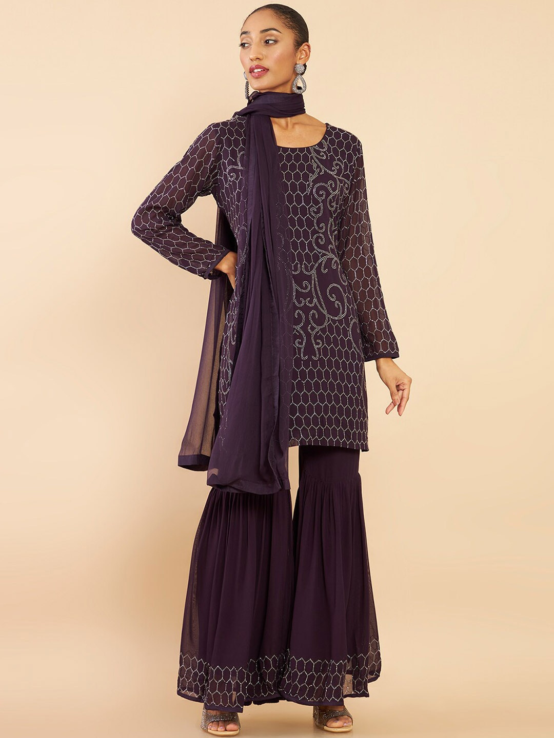 

Soch Women Purple Floral Embroidered Beads and Stones Kurta with Sharara & With Dupatta