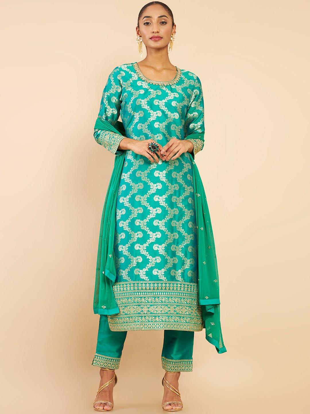 

Soch Women Green Ethnic Motifs Printed Kurta with Trouser & With Dupatta