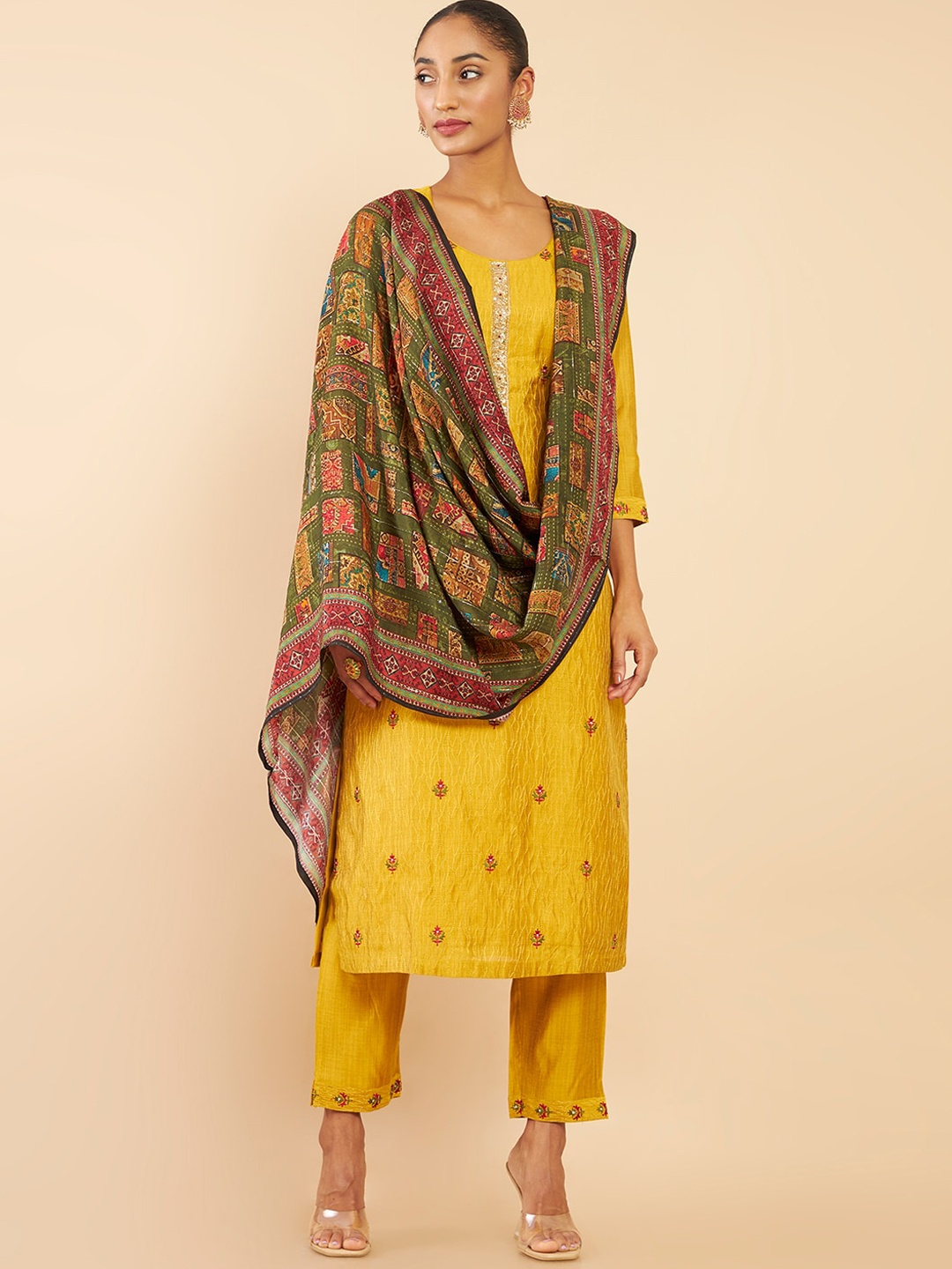 

Soch Women Mustard Yellow Ethnic Motifs Printed Thread Work Kurta With Trouser & Dupatta