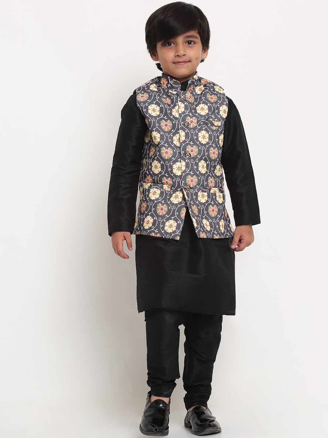 

Benstoke Boys Black Floral Printed Kurta with Churidar & With Nehru Jacket
