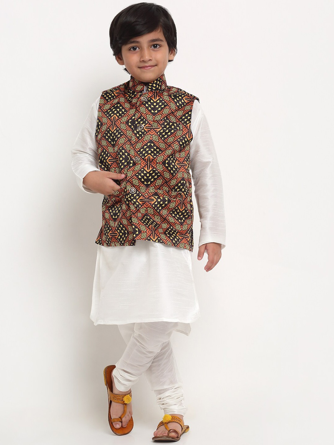 

Benstoke Boys White Printed Kurta Churidar with Nehru Jacket