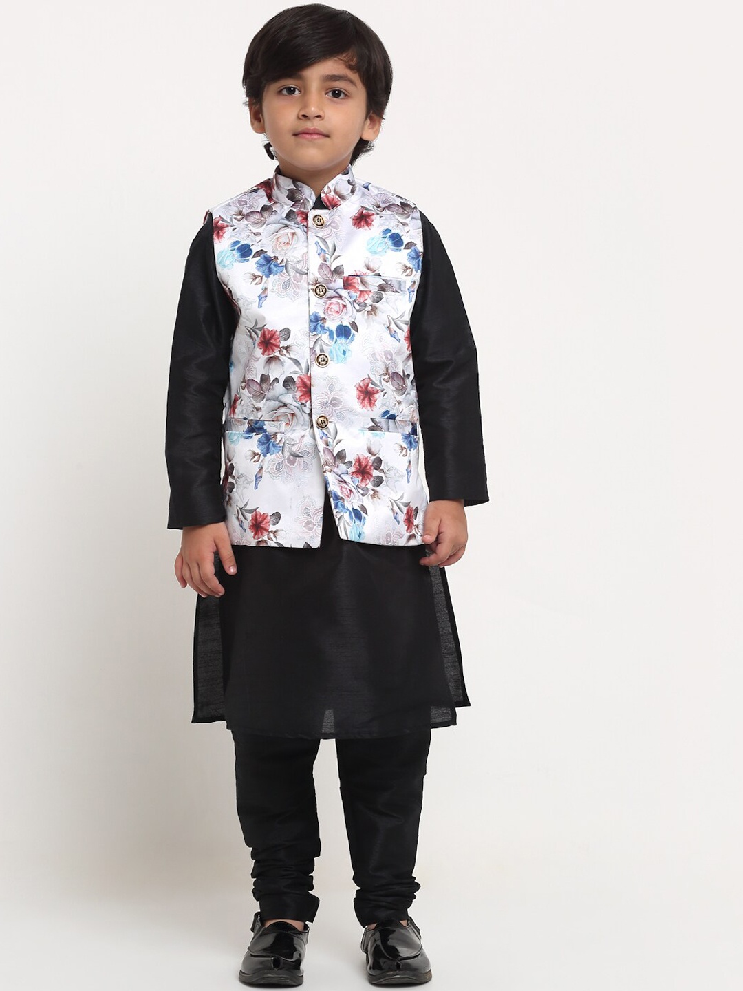 

Benstoke Boys Black Floral Printed Kurta Churidar with Nehru Jacket