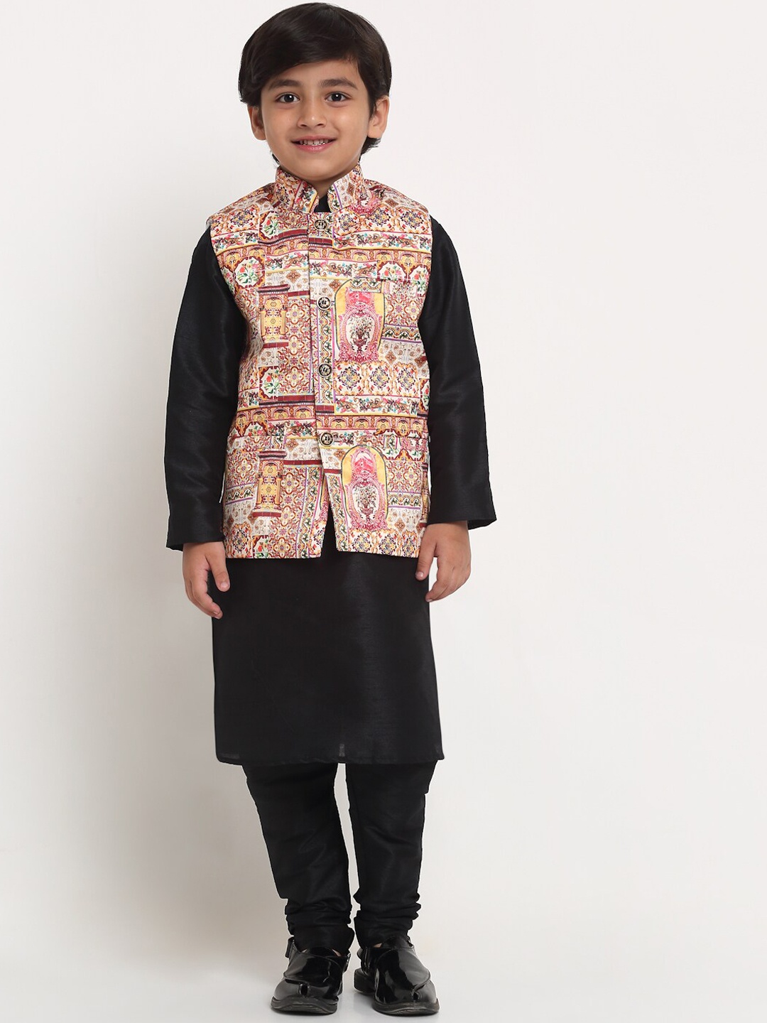 

Benstoke Boys Black & Pink Ethnic Motifs Printed Kurta Churidar with Nehru Jacket