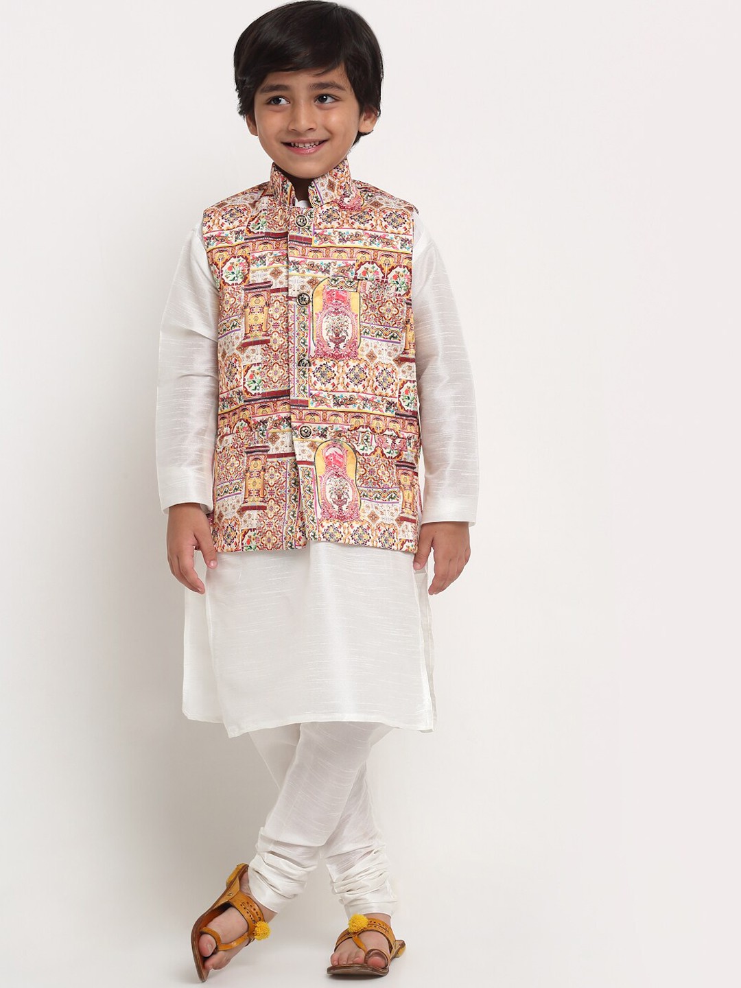 

Benstoke Boys White Kurta with Pyjama with printed Nehru Jacket