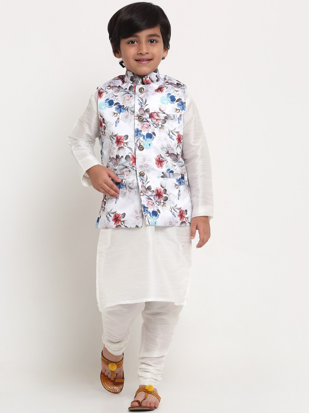 

Benstoke Boys White Kurta with Pyjama with printed Nehru Jacket