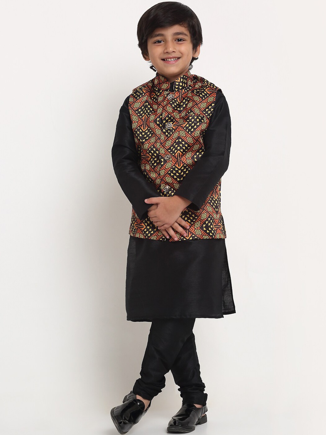 

Benstoke Boys Black Kurta with Pyjama with printed Nehru Jacket