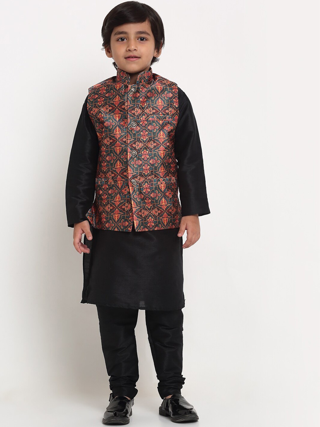 

Benstoke Boys Black Kurta with Pyjama with printed Nehru Jacket