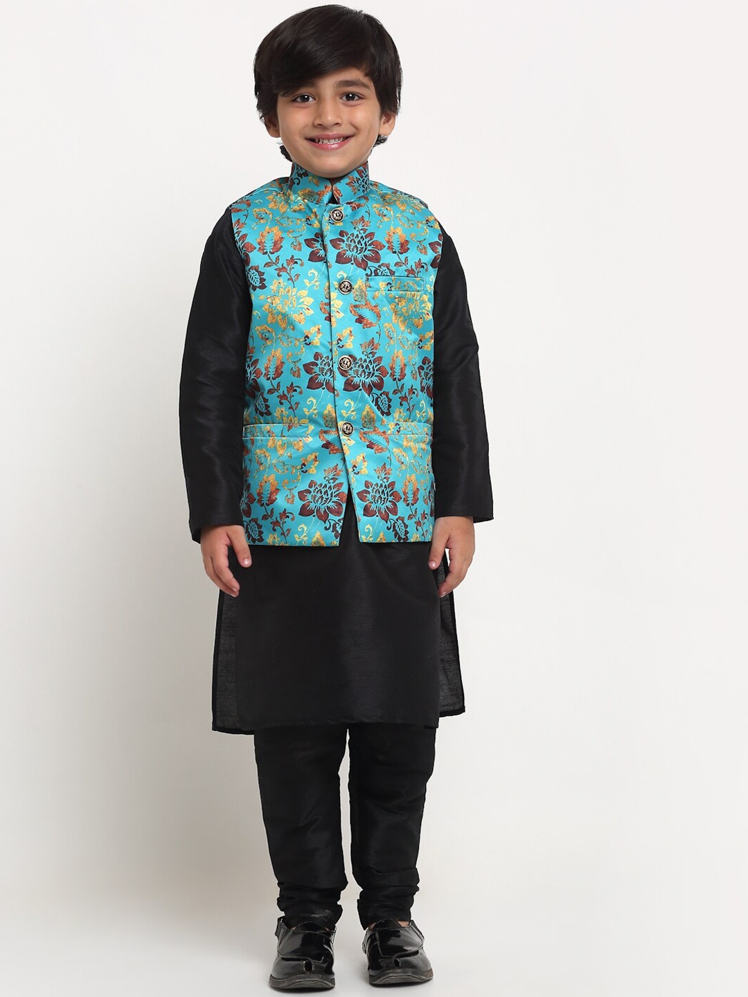 

Benstoke Boys Black Kurta with Pyjama With Printed Nehru Jacket