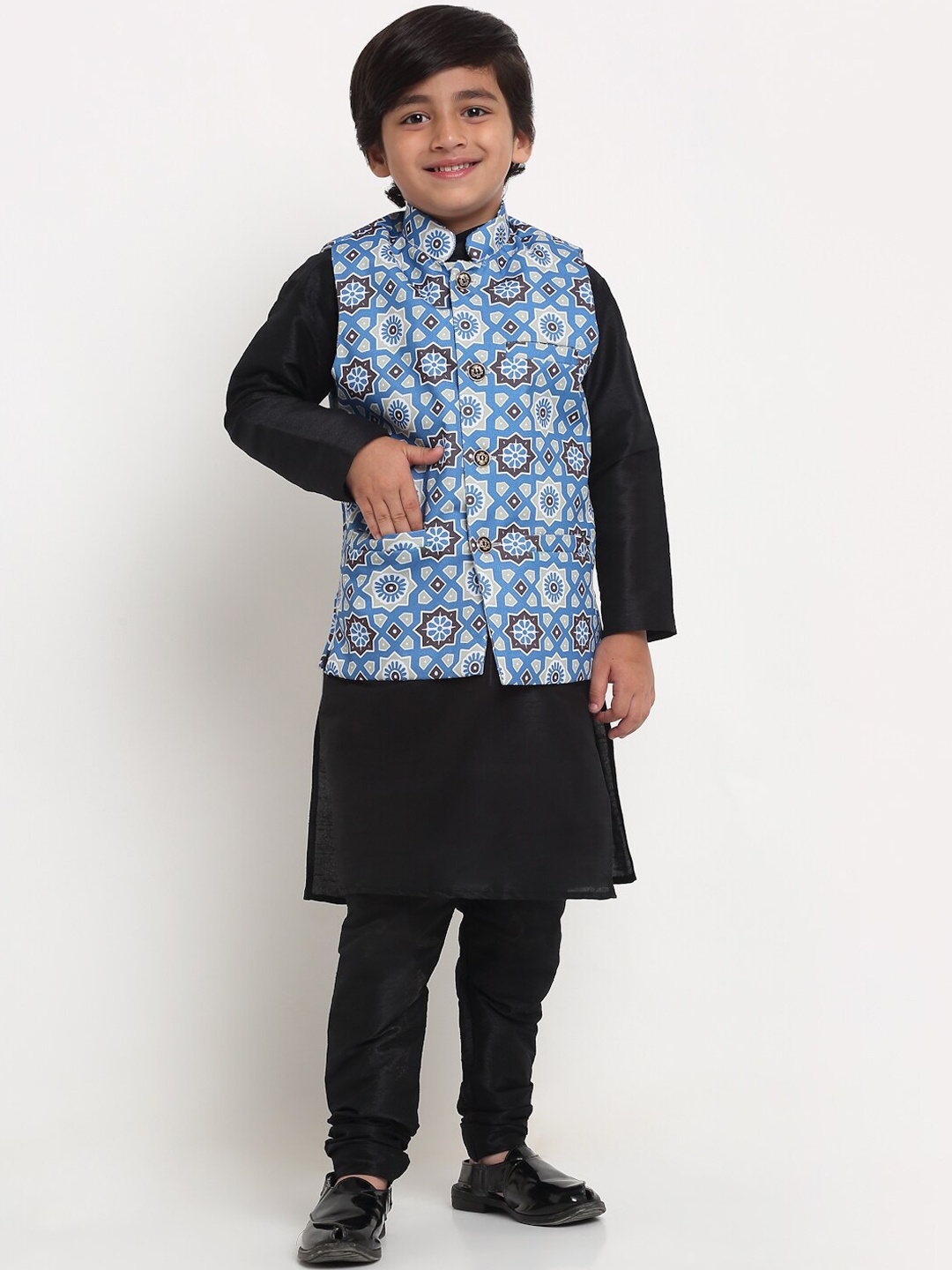 

Benstoke Boys Black Kurta with Churidar and Nehru Jacket